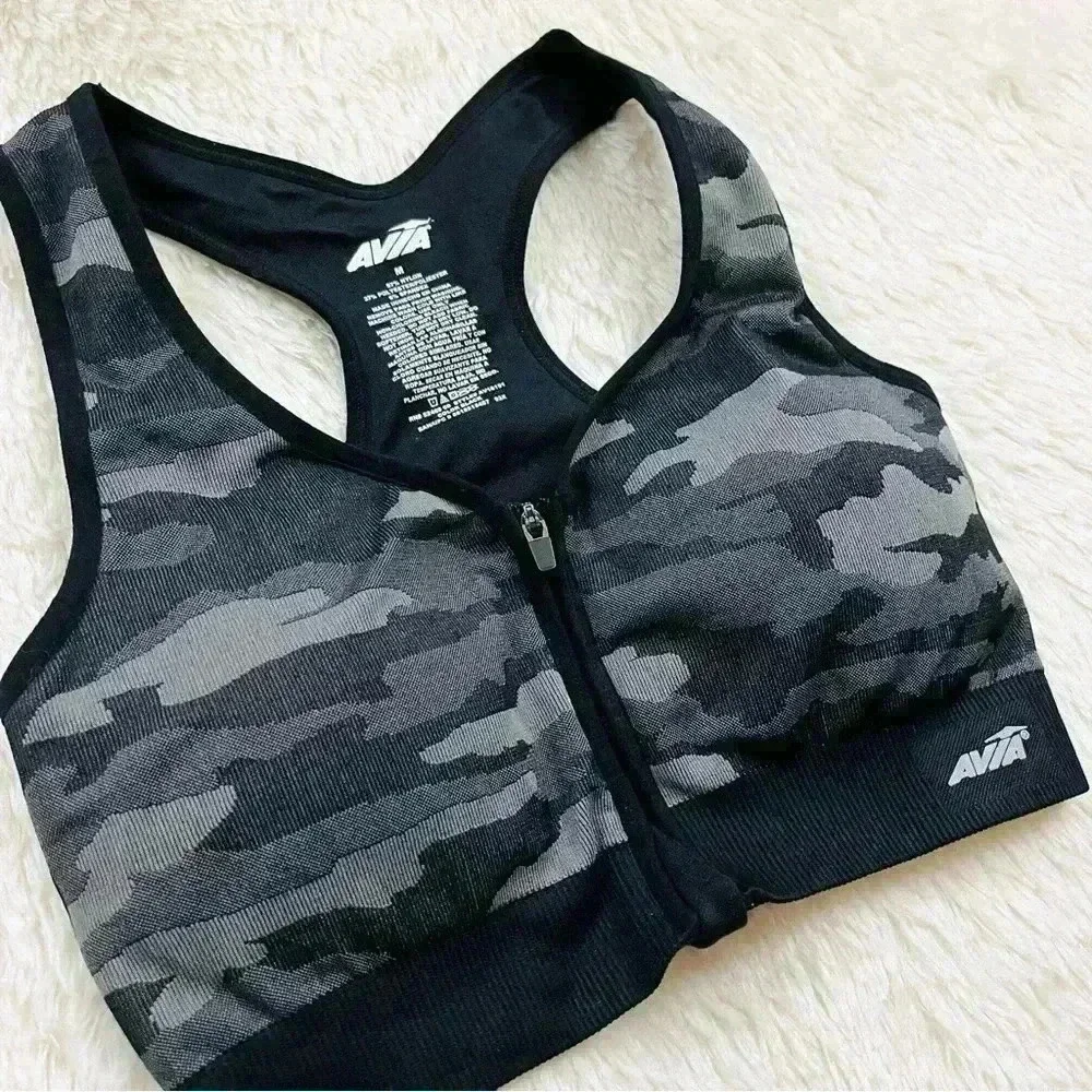 Avia Black & Gray Camouflage Support Zip Sports Bra Size M